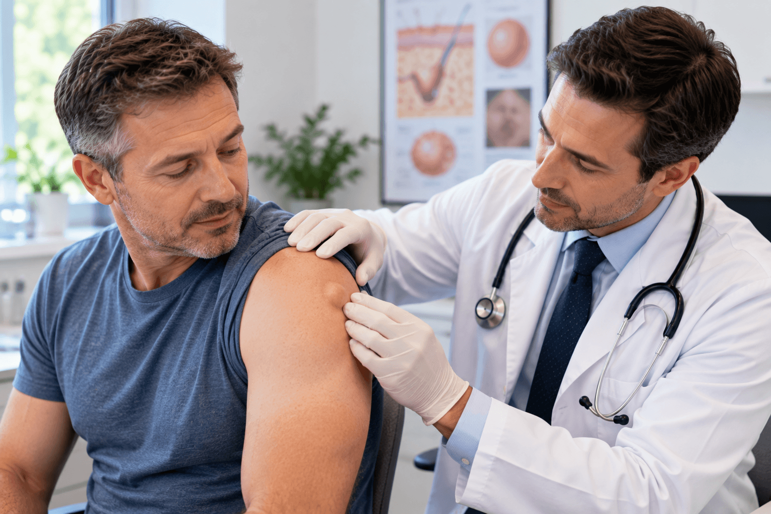 Surgeon examining a small lump on a patient’s shoulder before in-office removal