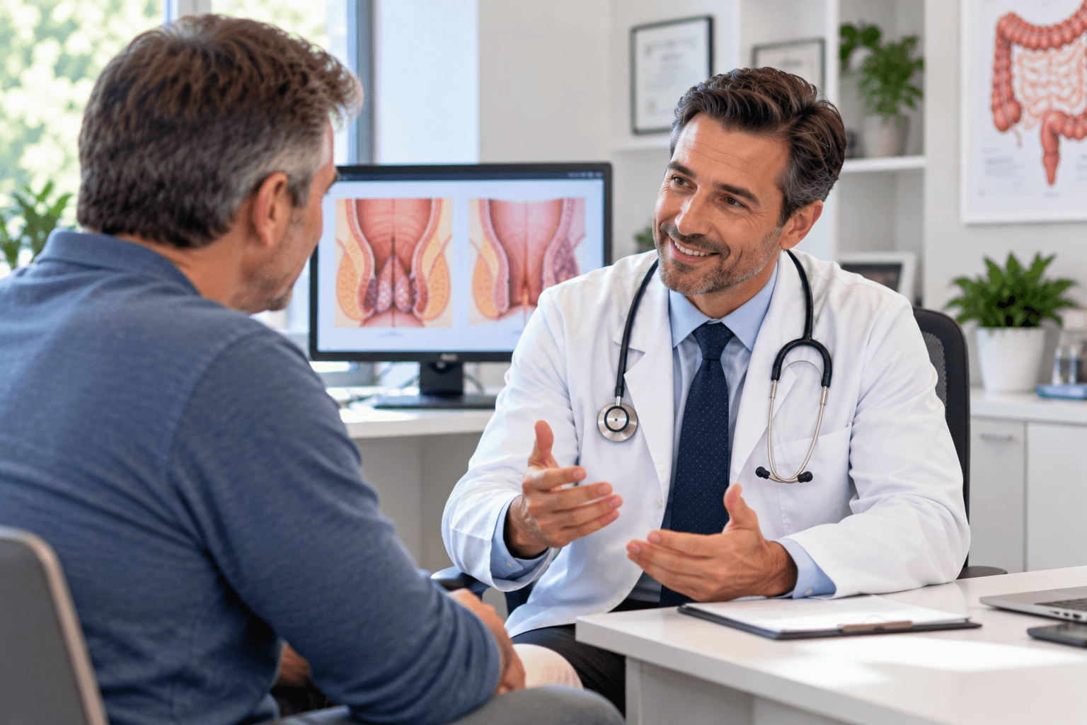 Calm, private doctor consultation room representing discreet hemorrhoid and fissure care