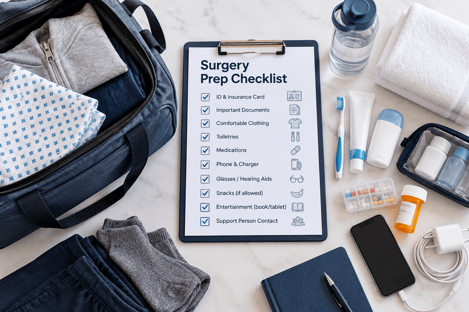 Patient checklist on a clipboard with a small overnight bag packed for surgery day