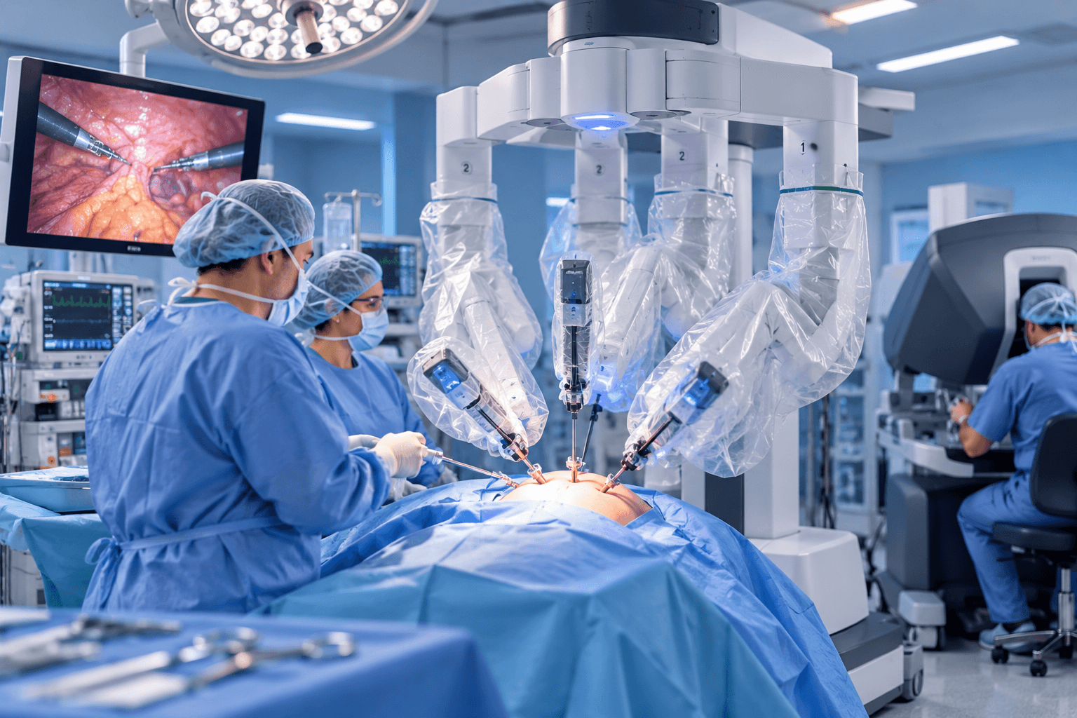 Surgeon operating a robotic surgical system console in a modern operating room