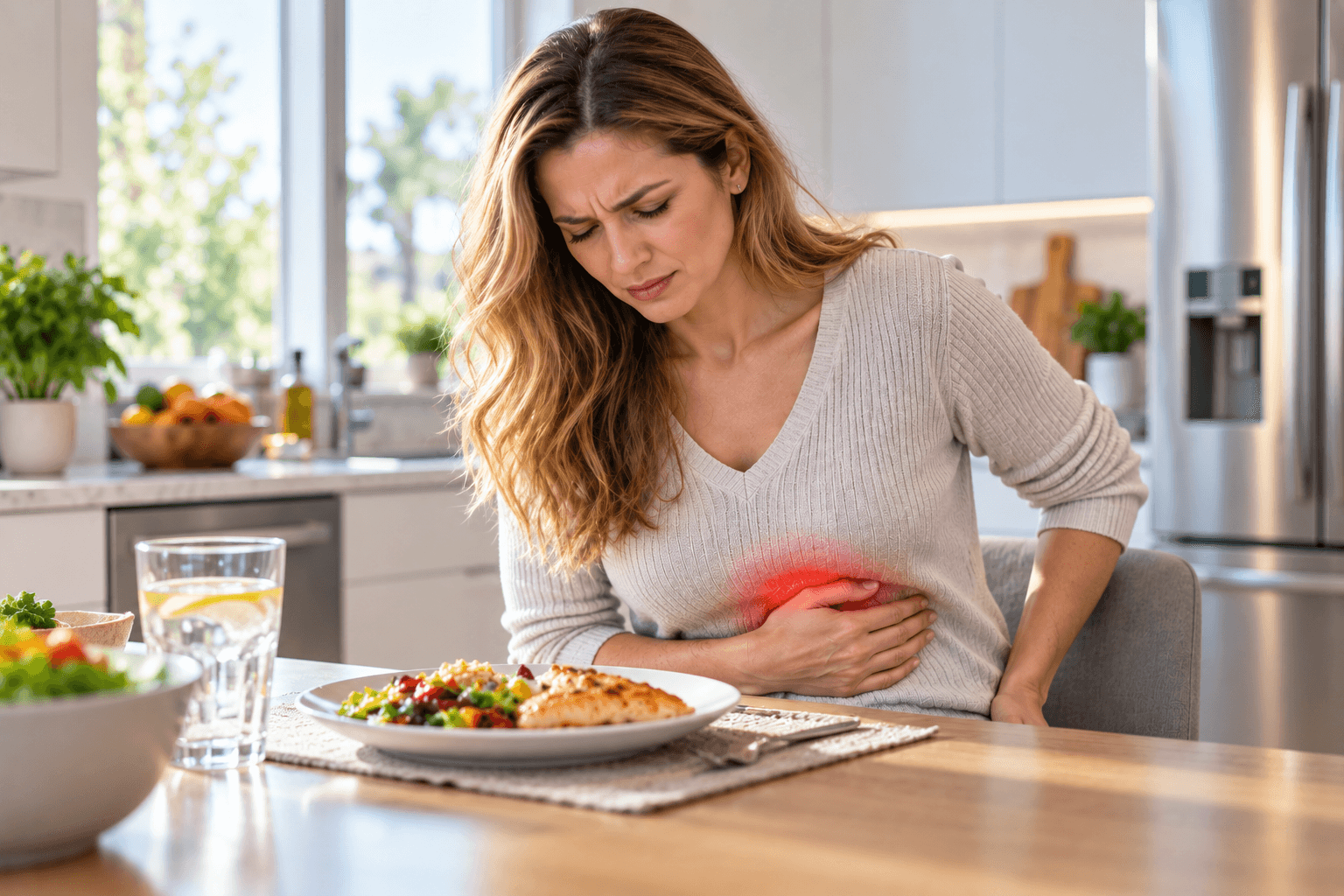 Person holding the upper right side of their abdomen from gallbladder pain after a meal
