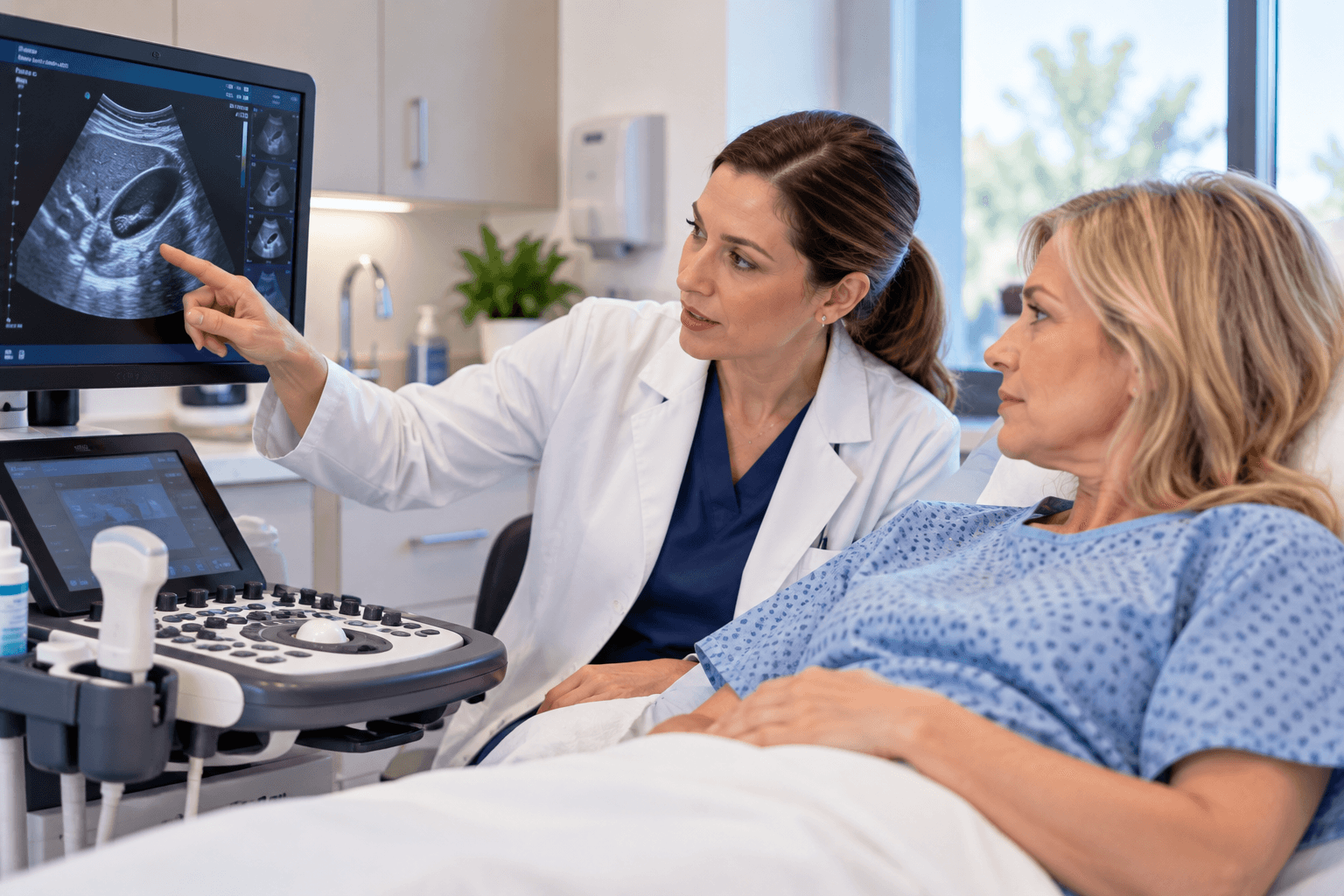 Breast surgeon reviewing ultrasound images with a patient before a breast biopsy