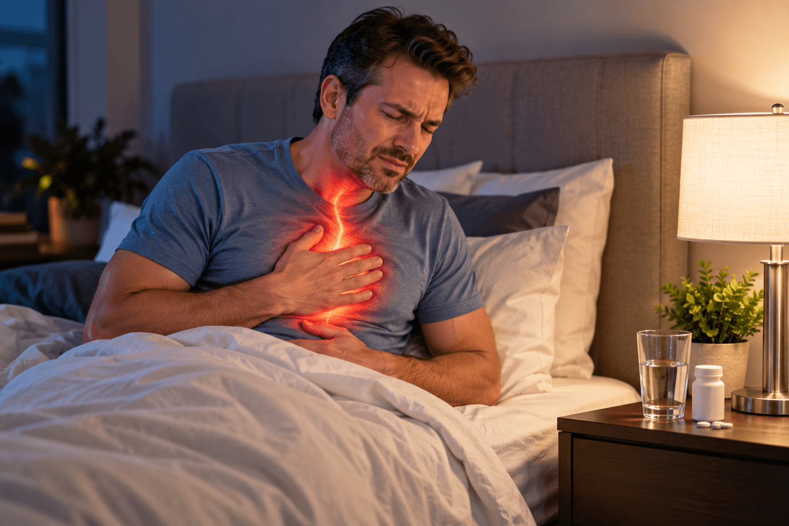 Person with chronic heartburn holding their chest after a meal