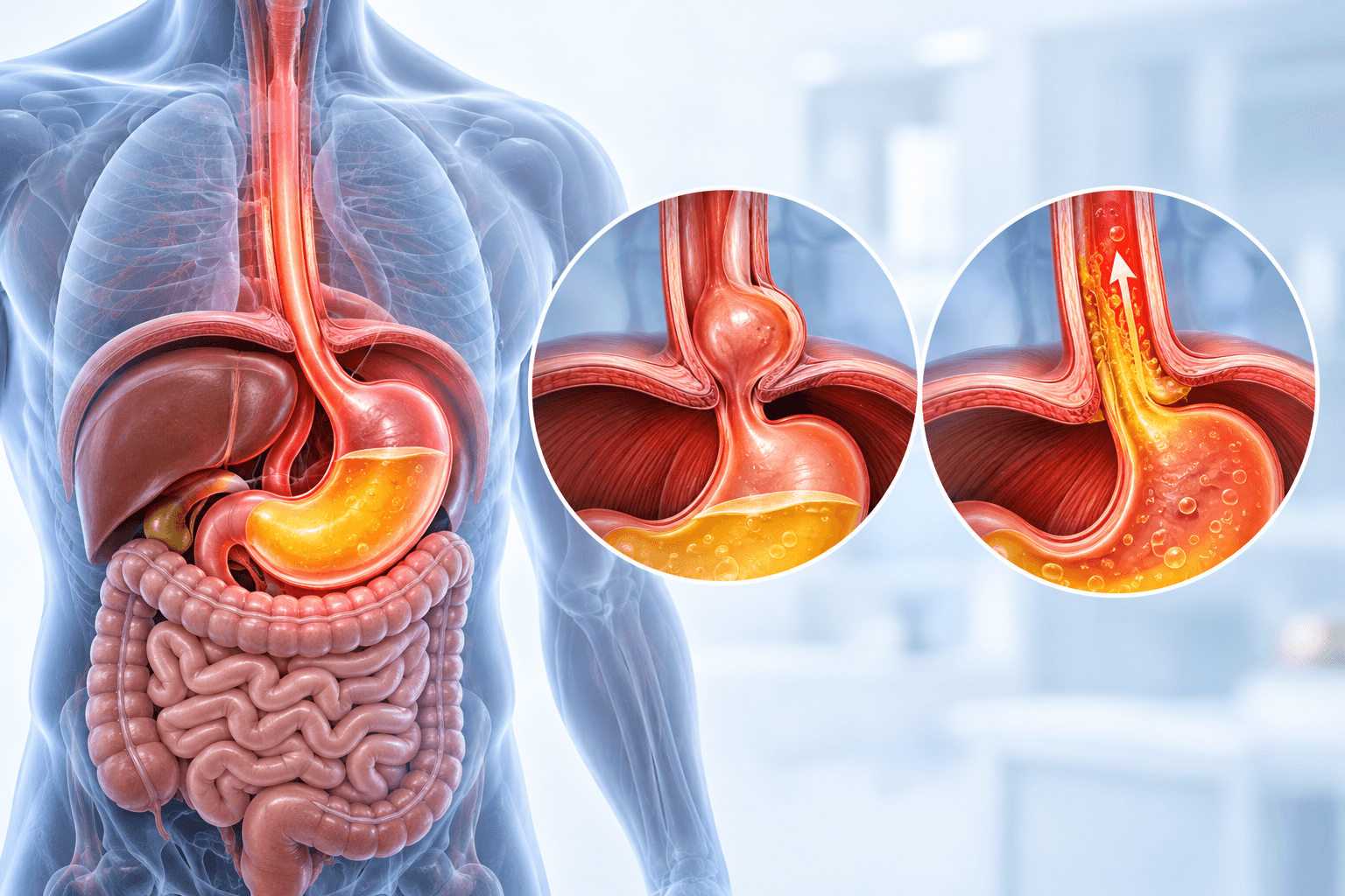 Illustration of the stomach, diaphragm and esophagus showing a hiatal hernia