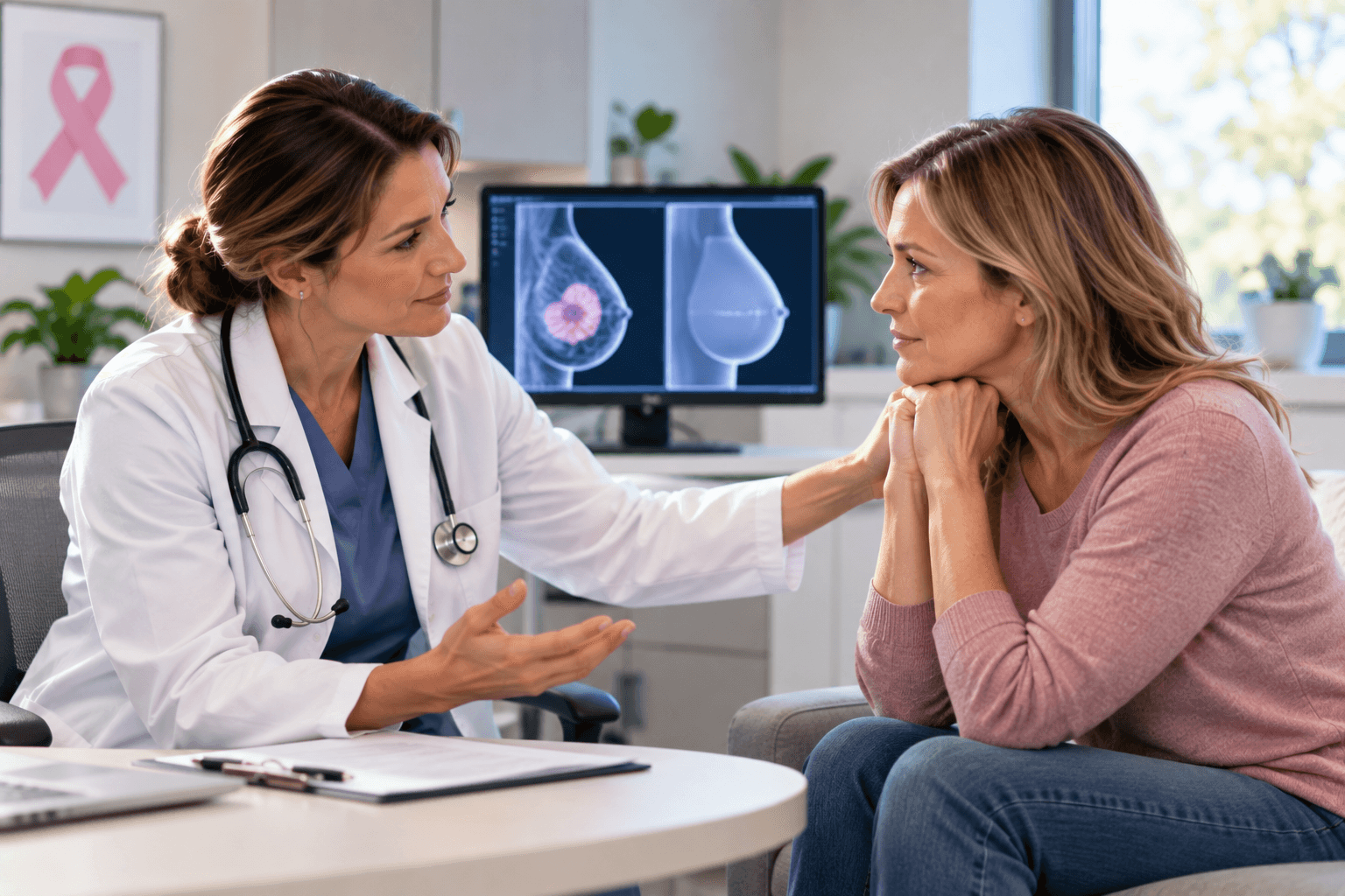 Breast surgeon calmly explaining surgery options to a patient in a consultation room