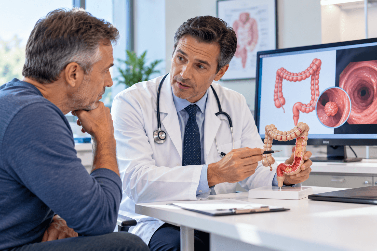 Adult in their mid-forties talking with a doctor about colorectal cancer screening